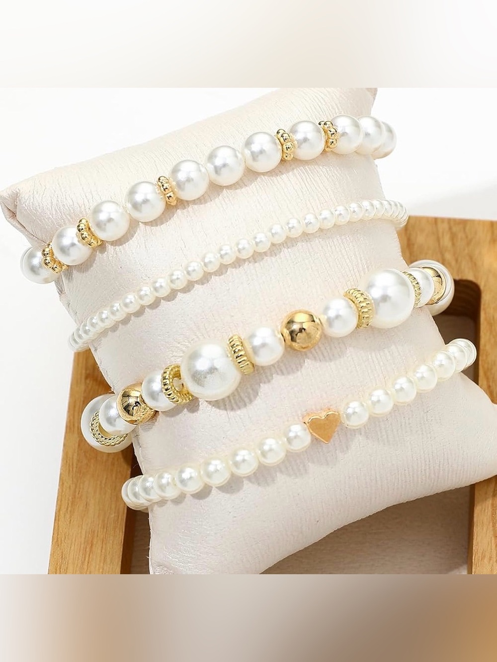 NEW Chunky Faux Pearl & Gold Bracelet Set - 4 Piece Stack - Romantic Boho - Picture 4 of 8